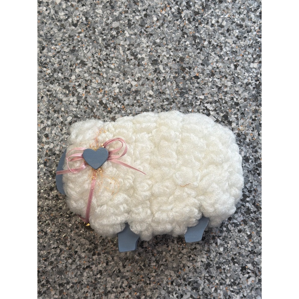 Handmade Wooden Sheep Figurine Blue Pink Heart Bell Sherpa Fleece Decor 6.5in